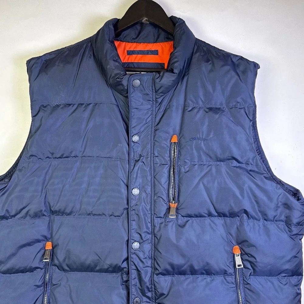 Orvis Classic Collection‎ Navy Blue Puffer Vest Orange Lining Mens XXL Puffy Zip